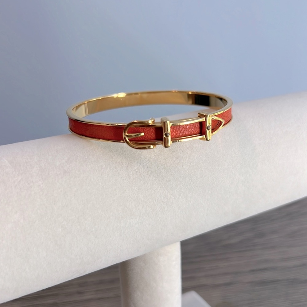 EUC Hermes Ceinture Gold Bangle Belt Bracelet - Orange Lizard Leather - Rare